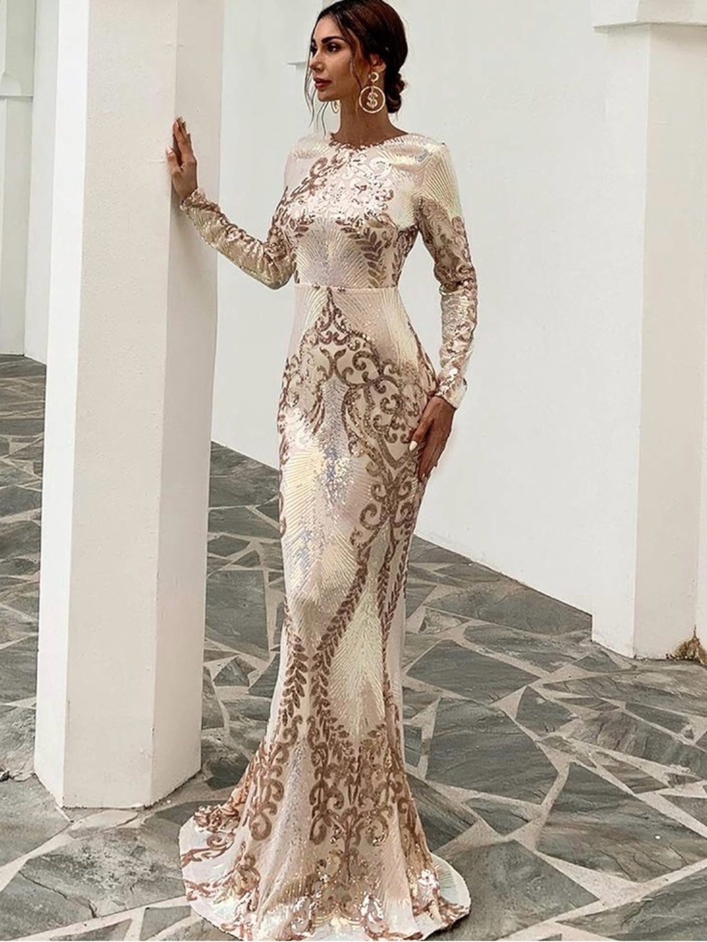 Gold Sequin Long Sleeve Evening Dress - Elegant Formal Gown